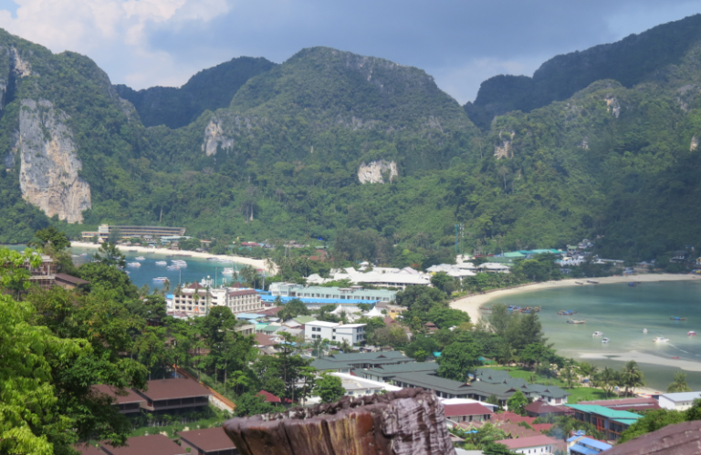 koh phi phi viewpoint with beaches and mountains in the backdrop